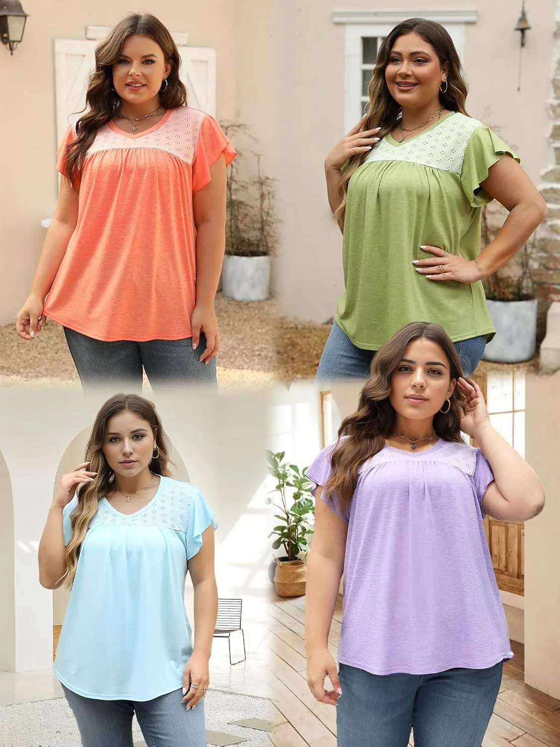 VISLILY Plus-Size-Womens-Tops-Summer V-Neck T Shirts Ruffle Cap Sleeve Blouses Pleated Tunics Casual Eyelet Tee