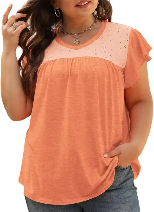 VISLILY Plus-Size-Womens-Tops-Summer V-Neck T Shirts Ruffle Cap Sleeve Blouses Pleated Tunics Casual Eyelet Tee