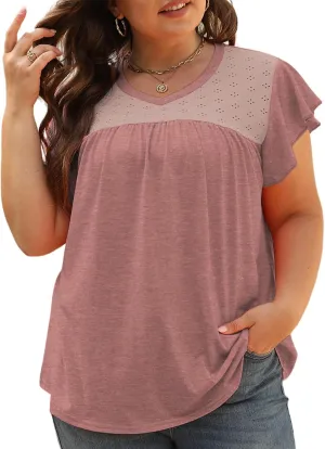 VISLILY Plus-Size-Womens-Tops-Summer V-Neck T Shirts Ruffle Cap Sleeve Blouses Pleated Tunics Casual Eyelet Tee