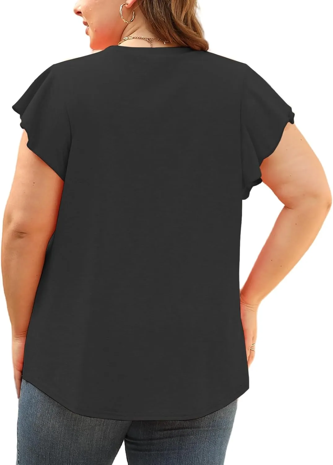 VISLILY Plus-Size-Womens-Tops-Summer V-Neck T Shirts Ruffle Cap Sleeve Blouses Pleated Tunics Casual Eyelet Tee