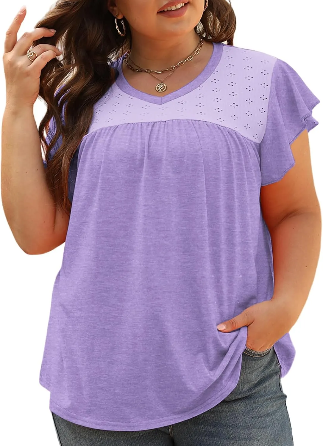 VISLILY Plus-Size-Womens-Tops-Summer V-Neck T Shirts Ruffle Cap Sleeve Blouses Pleated Tunics Casual Eyelet Tee