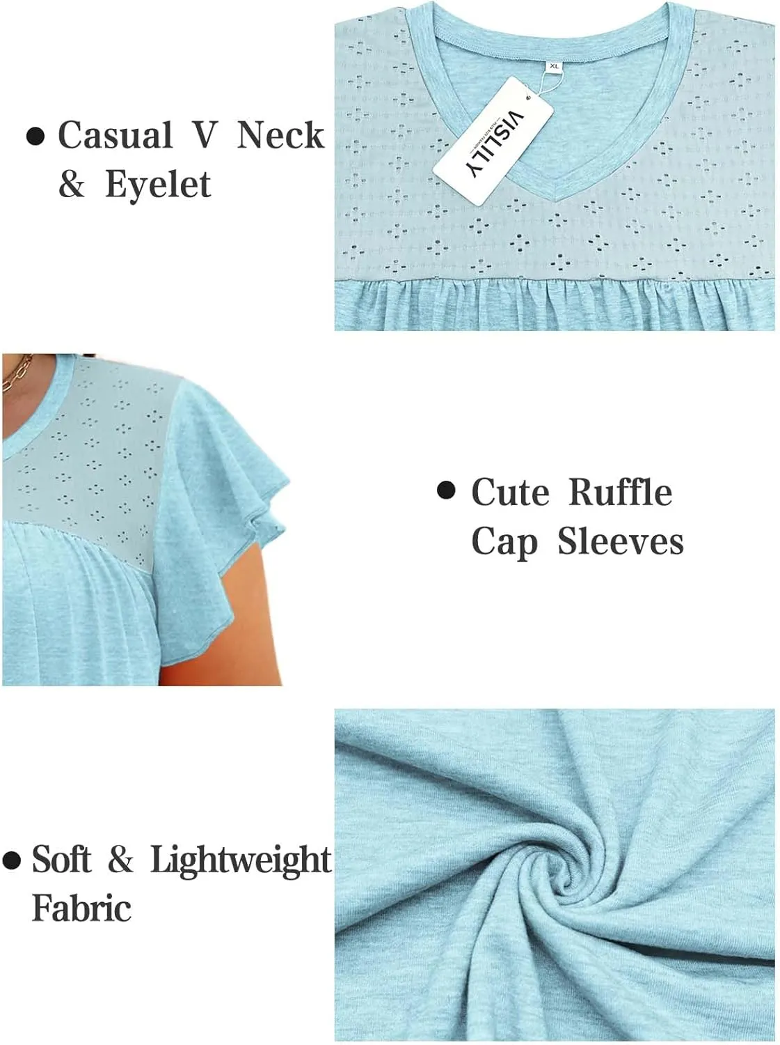 VISLILY Plus-Size-Womens-Tops-Summer V-Neck T Shirts Ruffle Cap Sleeve Blouses Pleated Tunics Casual Eyelet Tee