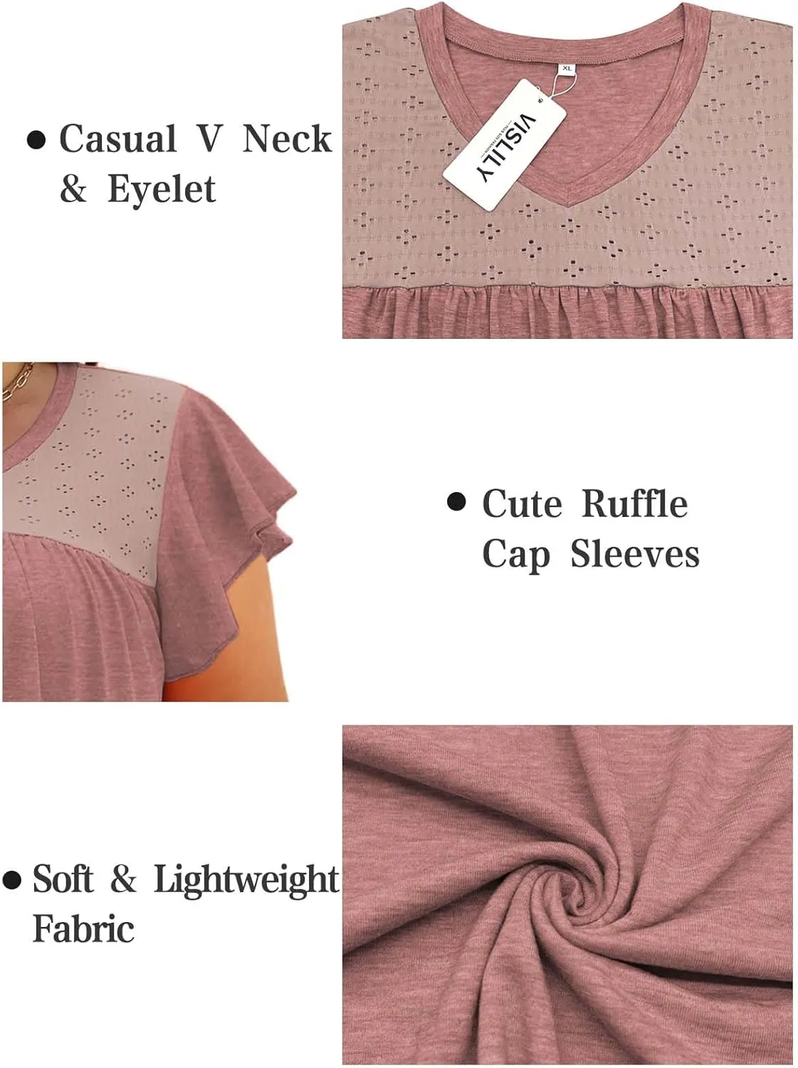 VISLILY Plus-Size-Womens-Tops-Summer V-Neck T Shirts Ruffle Cap Sleeve Blouses Pleated Tunics Casual Eyelet Tee