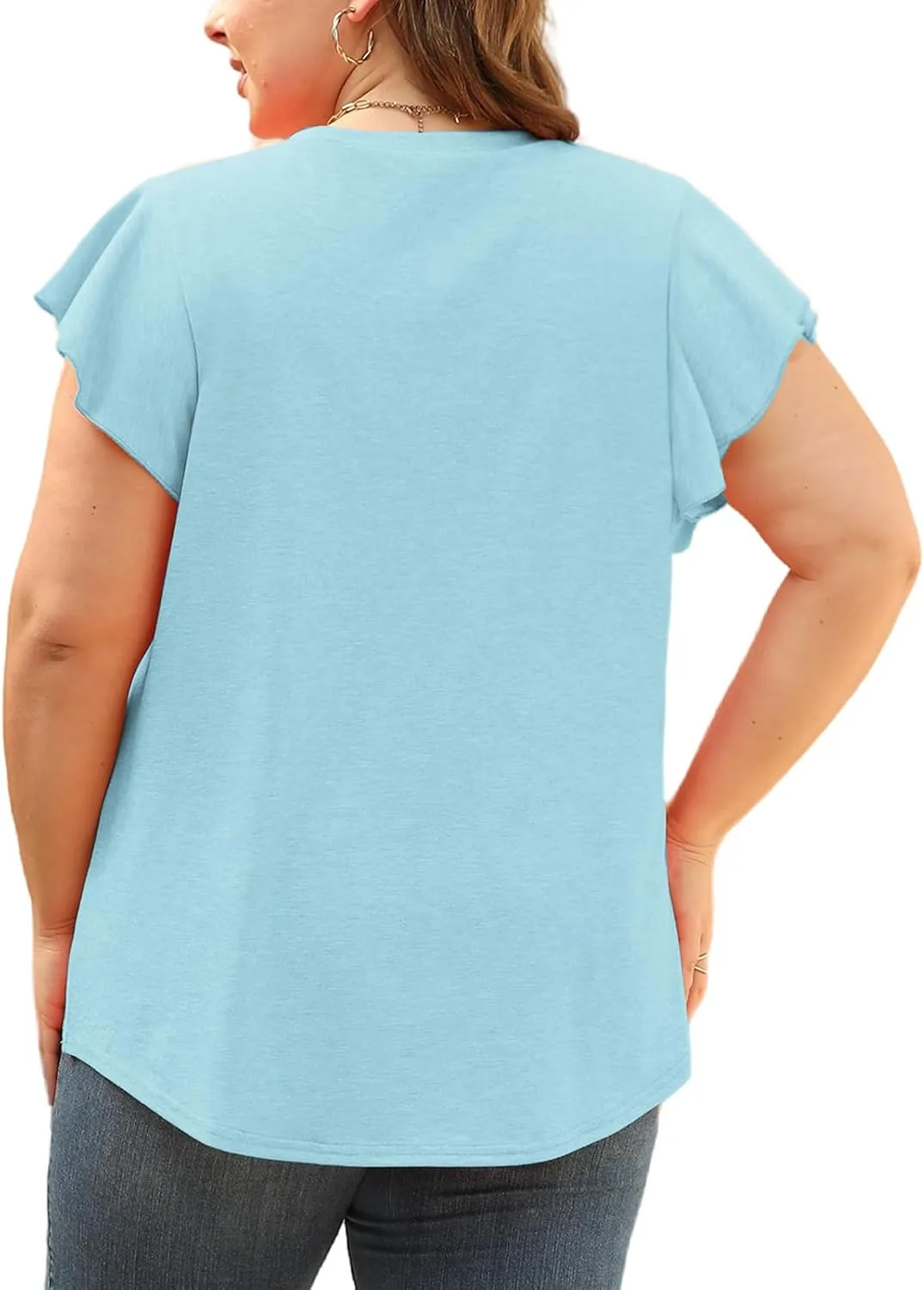 VISLILY Plus-Size-Womens-Tops-Summer V-Neck T Shirts Ruffle Cap Sleeve Blouses Pleated Tunics Casual Eyelet Tee