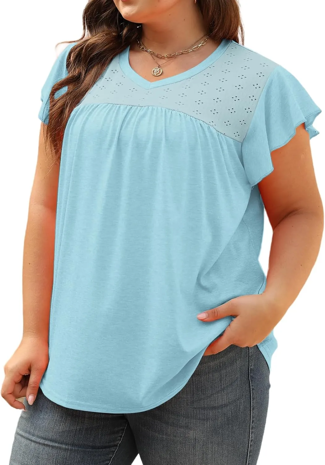 VISLILY Plus-Size-Womens-Tops-Summer V-Neck T Shirts Ruffle Cap Sleeve Blouses Pleated Tunics Casual Eyelet Tee
