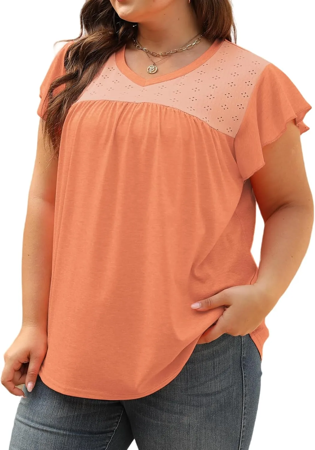 VISLILY Plus-Size-Womens-Tops-Summer V-Neck T Shirts Ruffle Cap Sleeve Blouses Pleated Tunics Casual Eyelet Tee