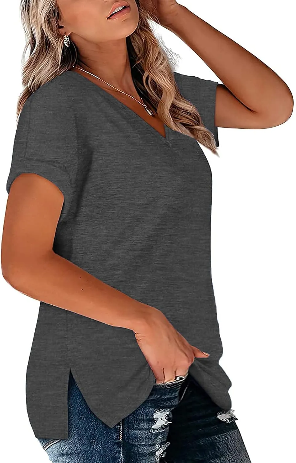 VISLILY Plus-Size-Womens-Tops V Neck Roll Sleeve T Shirts Summer Side Split Tee
