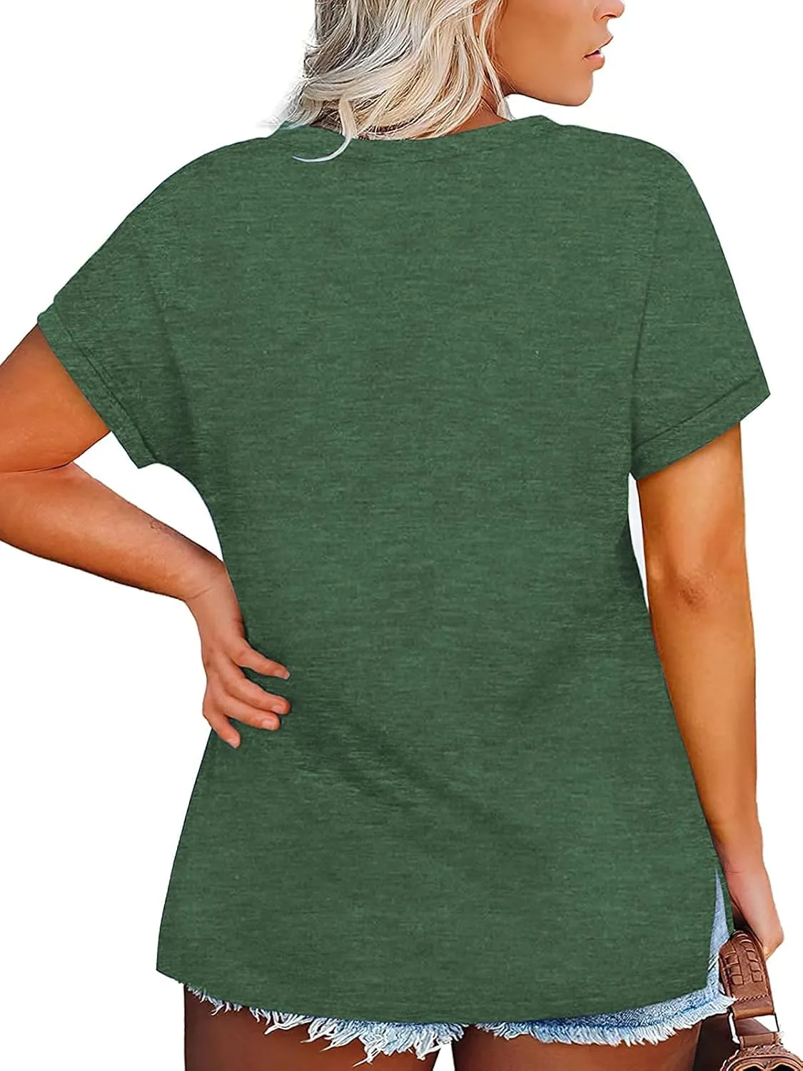 VISLILY Plus-Size-Womens-Tops V Neck Roll Sleeve T Shirts Summer Side Split Tee