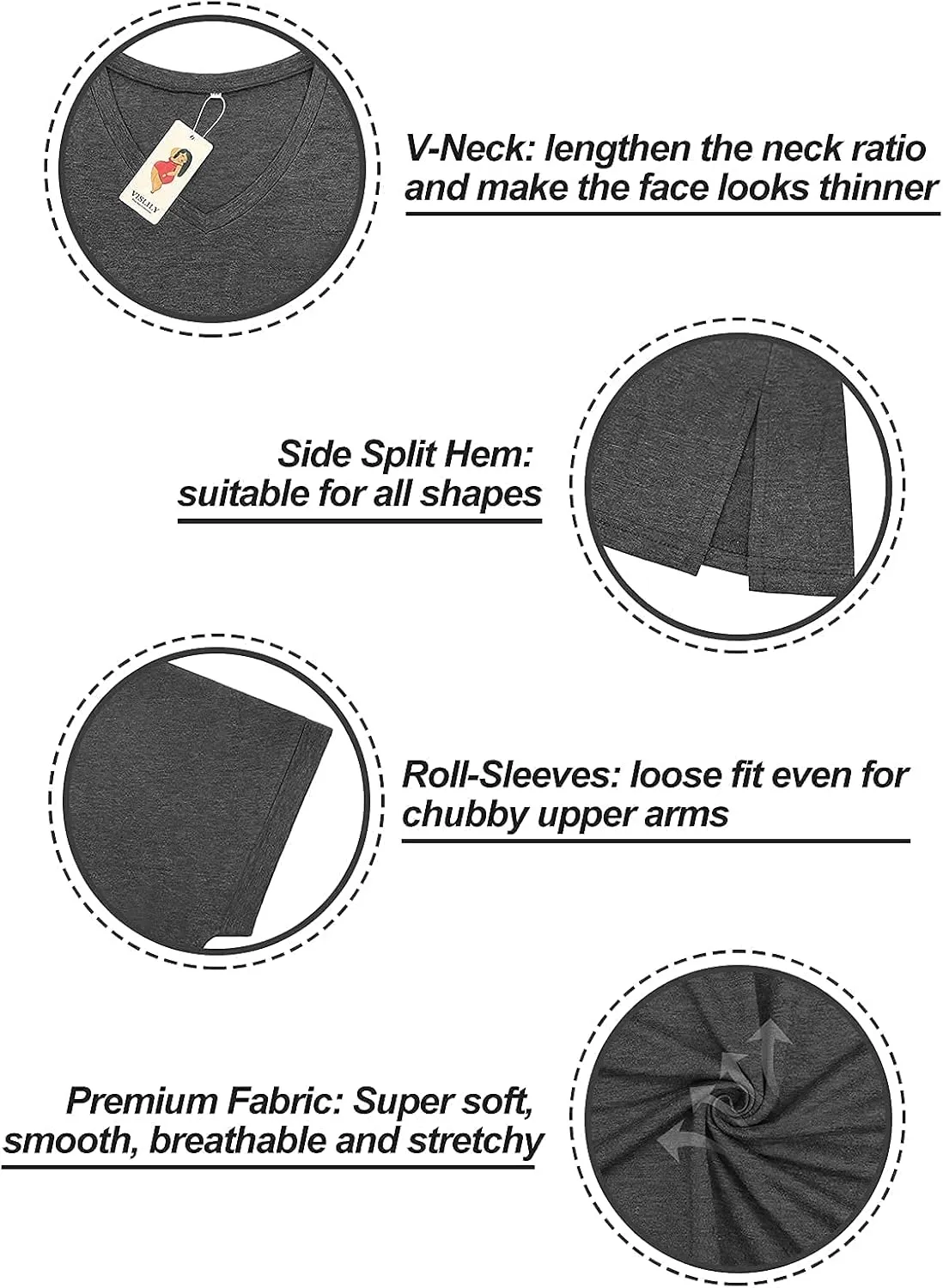VISLILY Plus-Size-Womens-Tops V Neck Roll Sleeve T Shirts Summer Side Split Tee