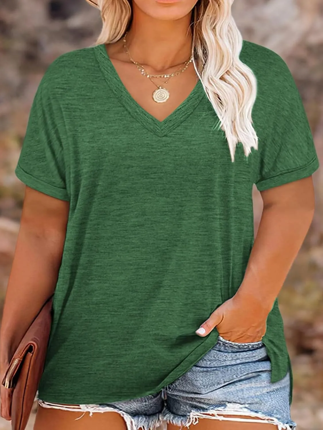 VISLILY Plus-Size-Womens-Tops V Neck Roll Sleeve T Shirts Summer Side Split Tee