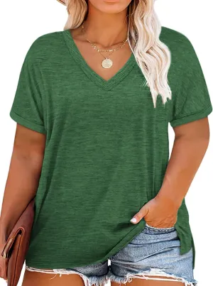 VISLILY Plus-Size-Womens-Tops V Neck Roll Sleeve T Shirts Summer Side Split Tee