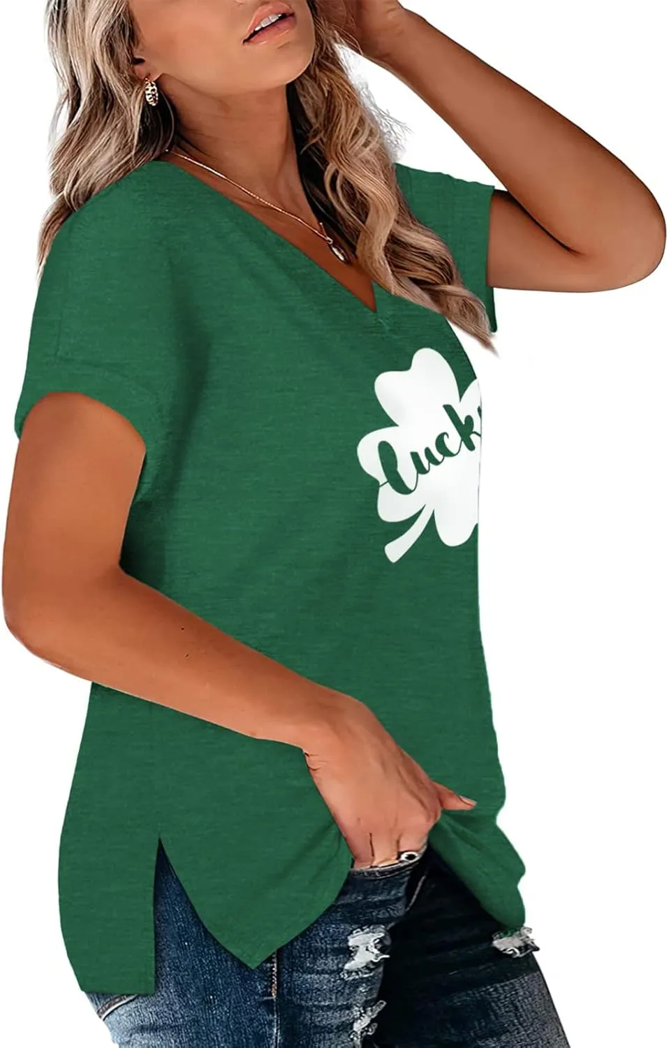 VISLILY Plus-Size-Womens-Tops V Neck Roll Sleeve T Shirts Summer Side Split Tee