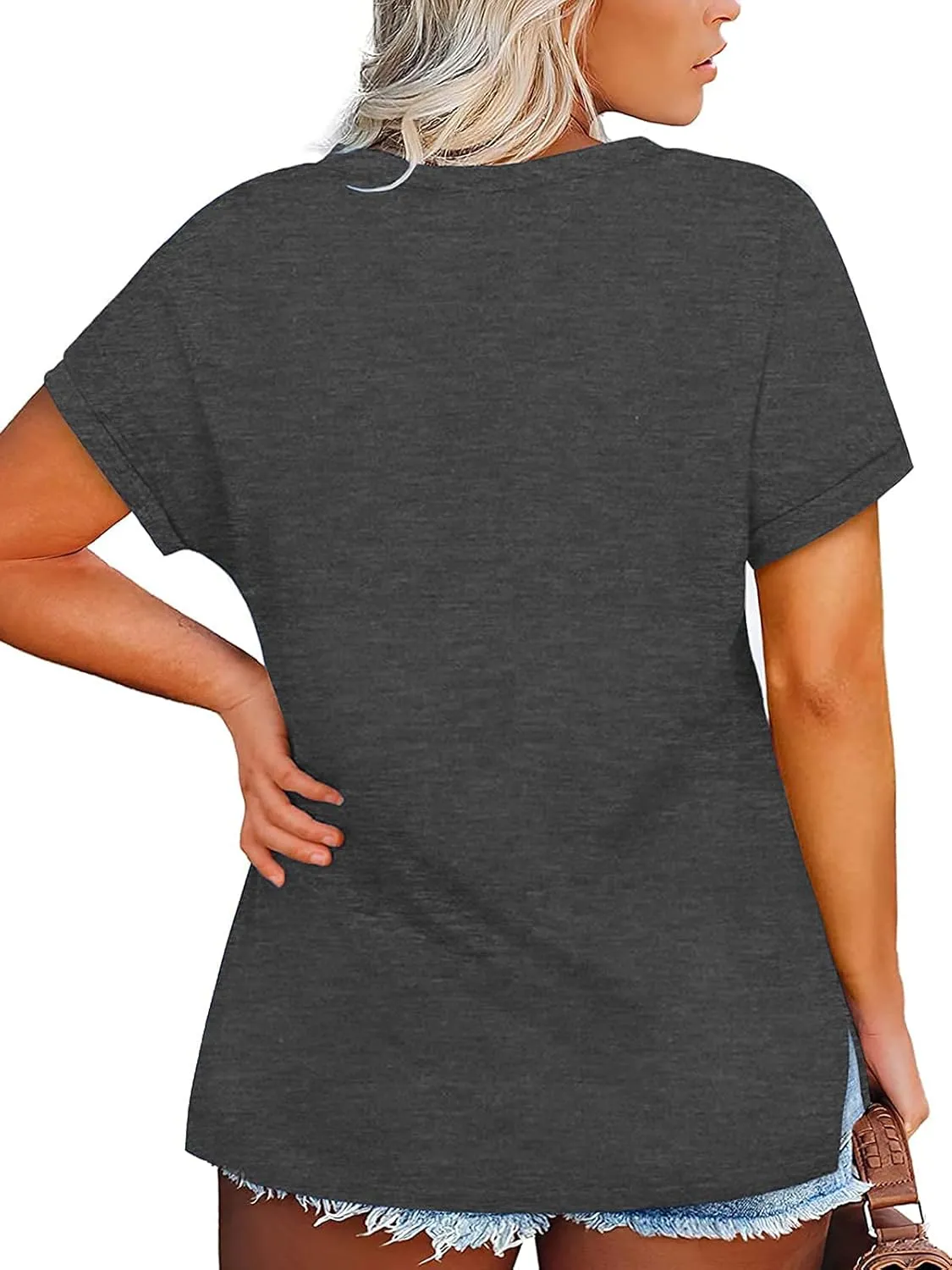 VISLILY Plus-Size-Womens-Tops V Neck Roll Sleeve T Shirts Summer Side Split Tee