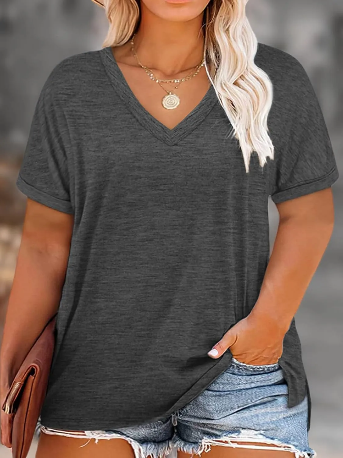 VISLILY Plus-Size-Womens-Tops V Neck Roll Sleeve T Shirts Summer Side Split Tee