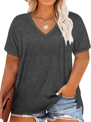 VISLILY Plus-Size-Womens-Tops V Neck Roll Sleeve T Shirts Summer Side Split Tee