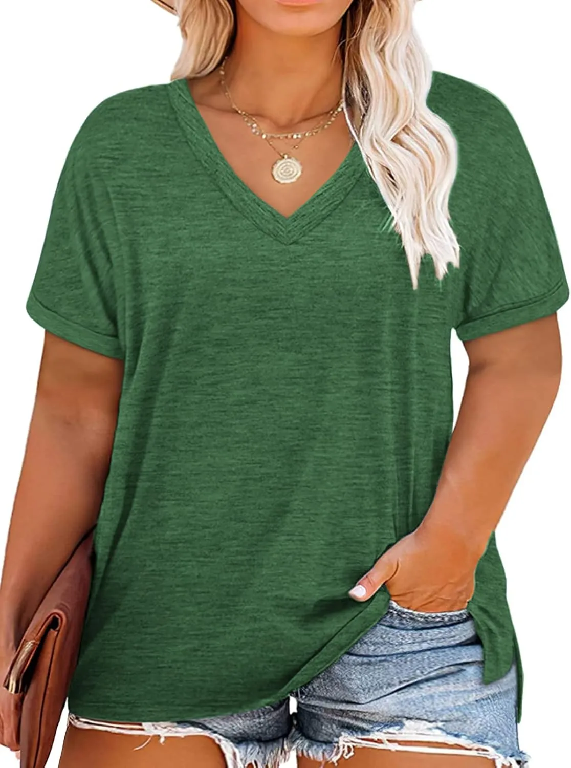 VISLILY Plus-Size-Womens-Tops V Neck Roll Sleeve T Shirts Summer Side Split Tee