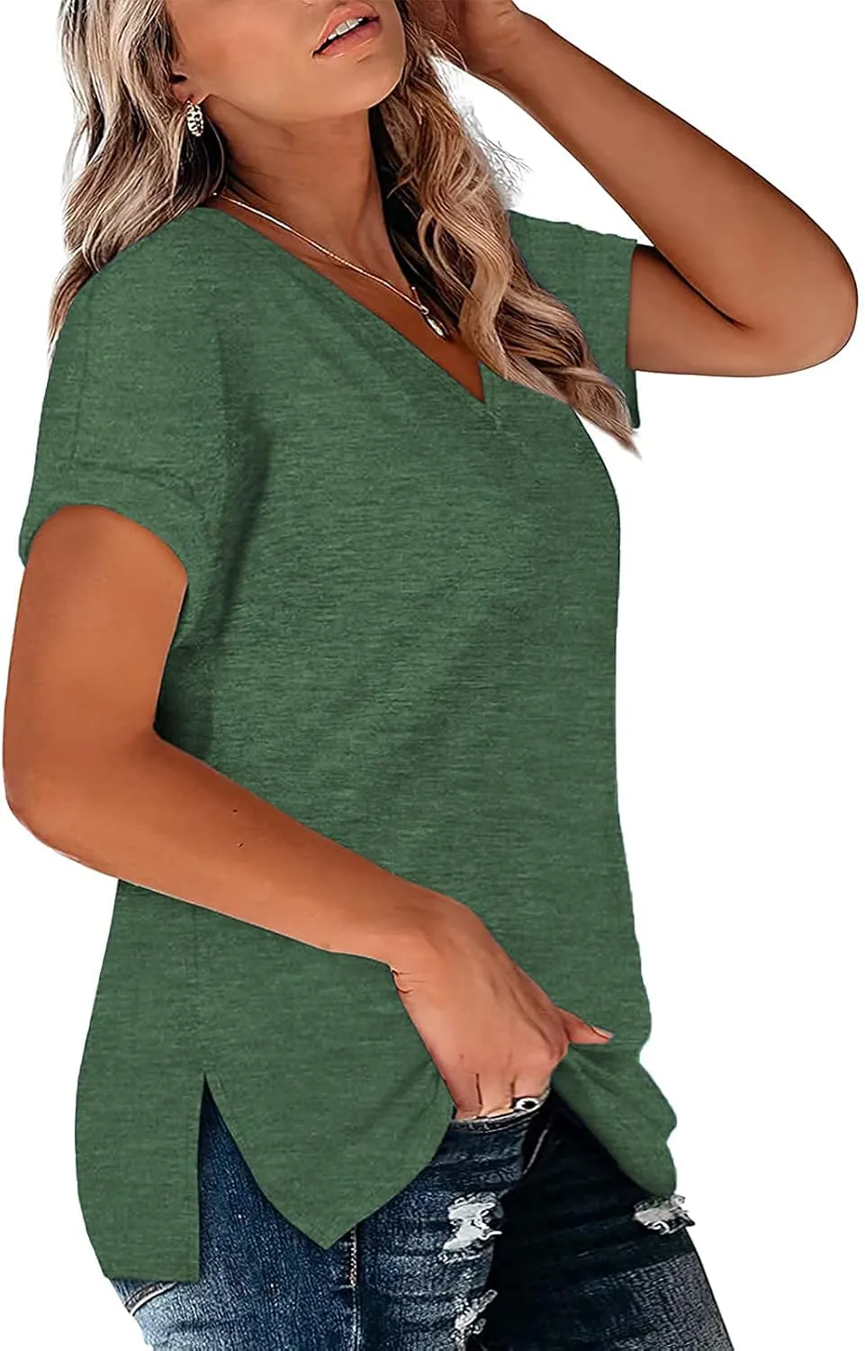 VISLILY Plus-Size-Womens-Tops V Neck Roll Sleeve T Shirts Summer Side Split Tee