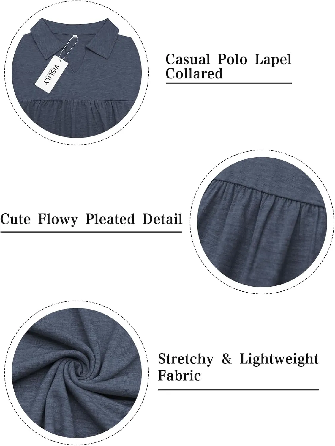 VISLILY Womens-Plus-Size-Summer-Tops Collared V Neck Polo Shirts Flowy Pleated Tunics Trendy Roll Short Sleeve Blouses