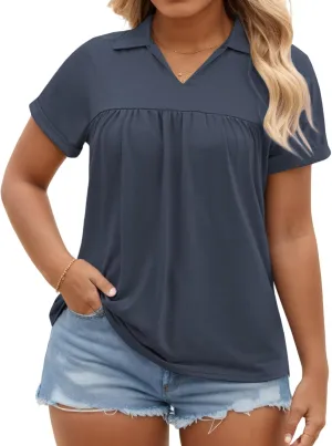 VISLILY Womens-Plus-Size-Summer-Tops Collared V Neck Polo Shirts Flowy Pleated Tunics Trendy Roll Short Sleeve Blouses