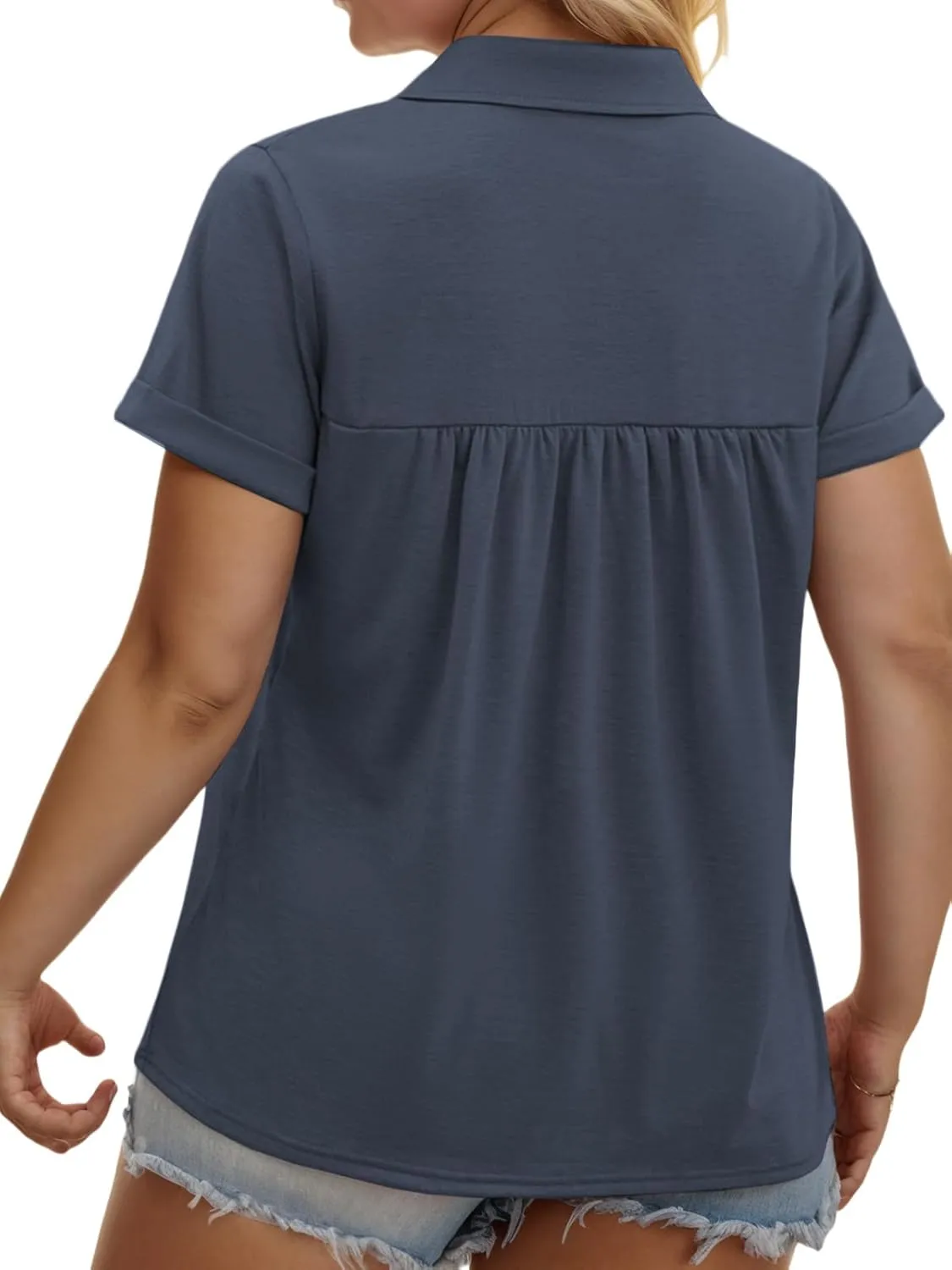 VISLILY Womens-Plus-Size-Summer-Tops Collared V Neck Polo Shirts Flowy Pleated Tunics Trendy Roll Short Sleeve Blouses