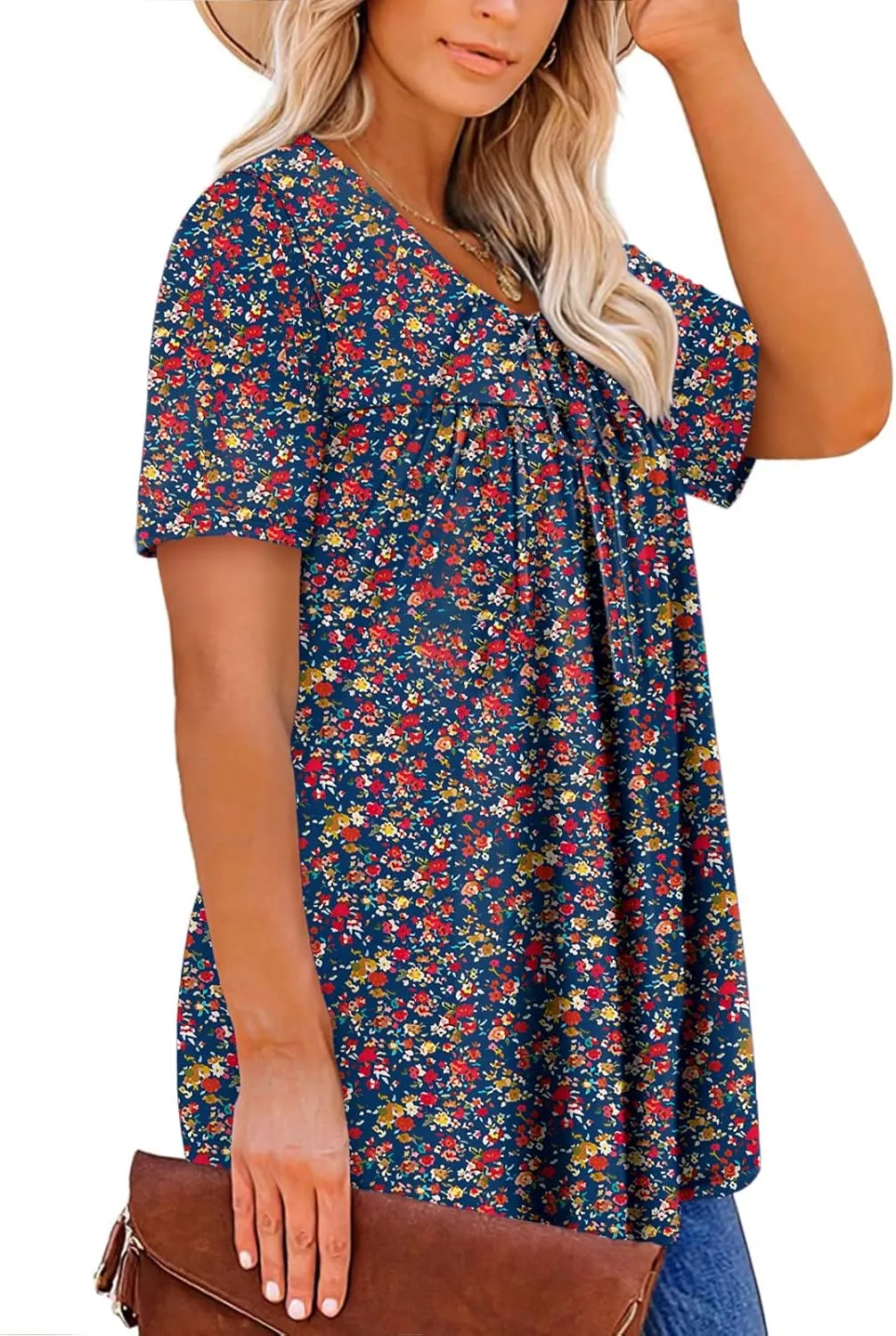 VISLILY Womens-Plus-Size-Summer-Tops Cute V Neck T Shirts Casual Short Sleeve Blouses Flowy Pleated Drawstring Tunics XL-5XL