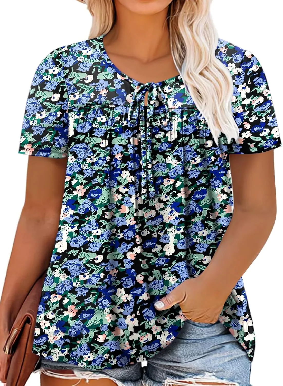 VISLILY Womens-Plus-Size-Summer-Tops Cute V Neck T Shirts Casual Short Sleeve Blouses Flowy Pleated Drawstring Tunics XL-5XL