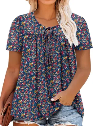 VISLILY Womens-Plus-Size-Summer-Tops Cute V Neck T Shirts Casual Short Sleeve Blouses Flowy Pleated Drawstring Tunics XL-5XL