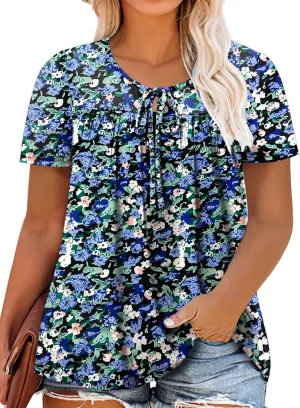 VISLILY Womens-Plus-Size-Summer-Tops Cute V Neck T Shirts Casual Short Sleeve Blouses Flowy Pleated Drawstring Tunics XL-5XL
