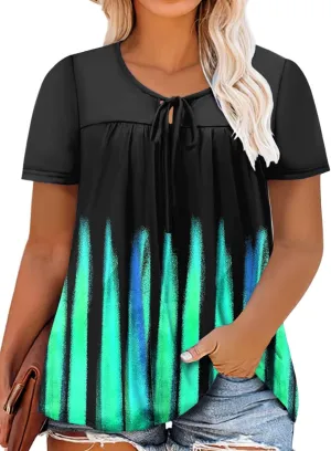 VISLILY Womens-Plus-Size-Summer-Tops Cute V Neck T Shirts Casual Short Sleeve Blouses Flowy Pleated Drawstring Tunics XL-5XL