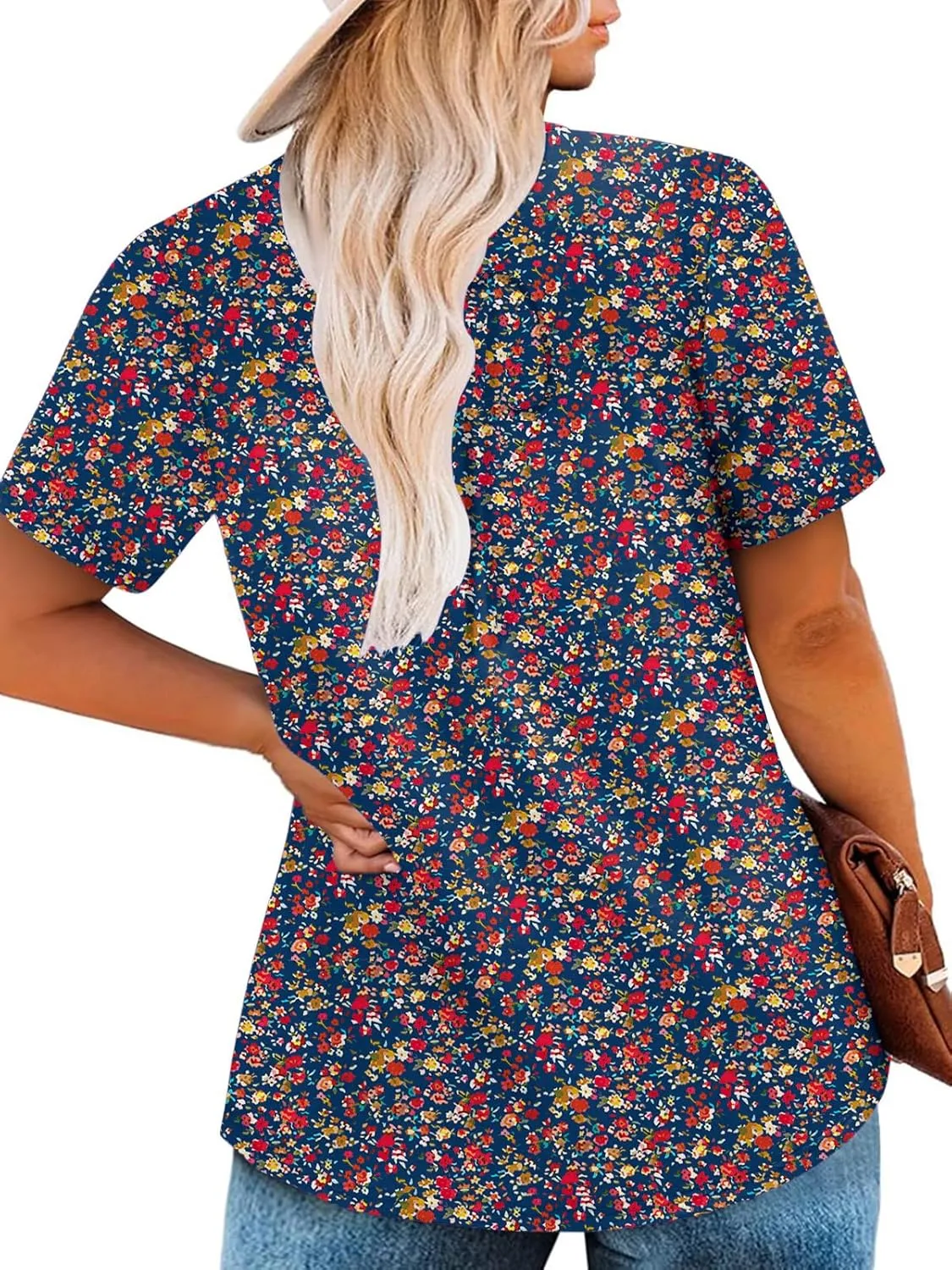 VISLILY Womens-Plus-Size-Summer-Tops Cute V Neck T Shirts Casual Short Sleeve Blouses Flowy Pleated Drawstring Tunics XL-5XL