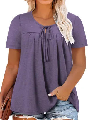 VISLILY Womens-Plus-Size-Summer-Tops Cute V Neck T Shirts Casual Short Sleeve Blouses Flowy Pleated Drawstring Tunics XL-5XL
