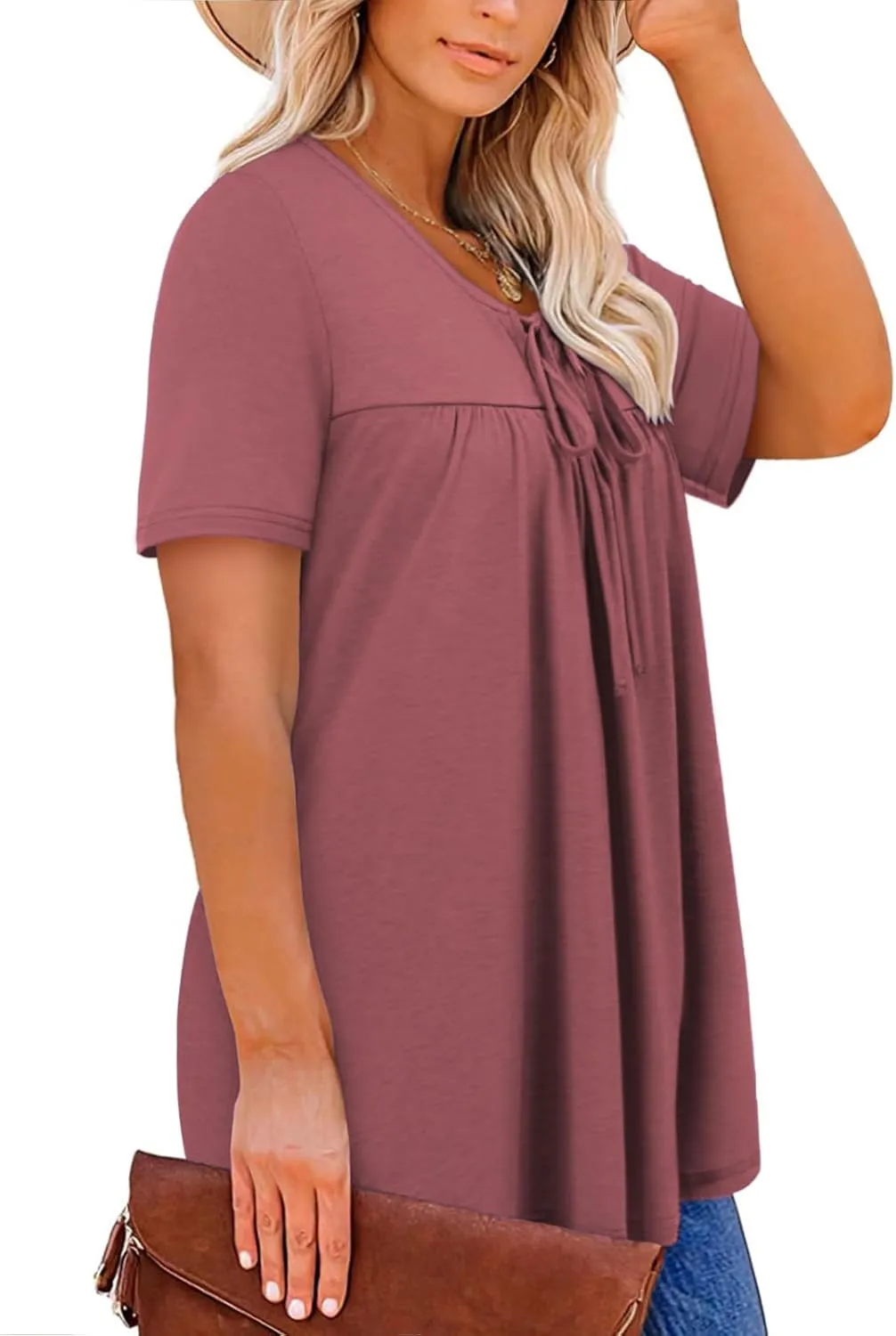 VISLILY Womens-Plus-Size-Summer-Tops Cute V Neck T Shirts Casual Short Sleeve Blouses Flowy Pleated Drawstring Tunics XL-5XL