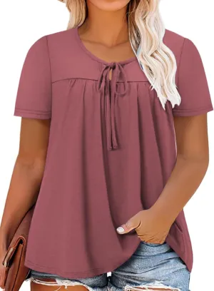 VISLILY Womens-Plus-Size-Summer-Tops Cute V Neck T Shirts Casual Short Sleeve Blouses Flowy Pleated Drawstring Tunics XL-5XL