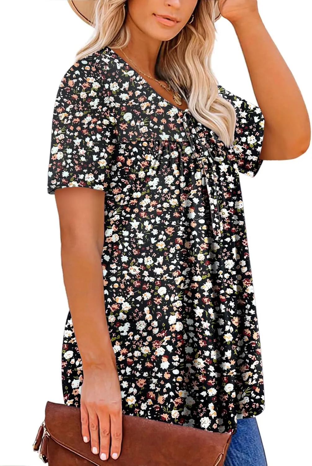 VISLILY Womens-Plus-Size-Summer-Tops Cute V Neck T Shirts Casual Short Sleeve Blouses Flowy Pleated Drawstring Tunics XL-5XL