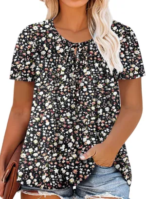 VISLILY Womens-Plus-Size-Summer-Tops Cute V Neck T Shirts Casual Short Sleeve Blouses Flowy Pleated Drawstring Tunics XL-5XL