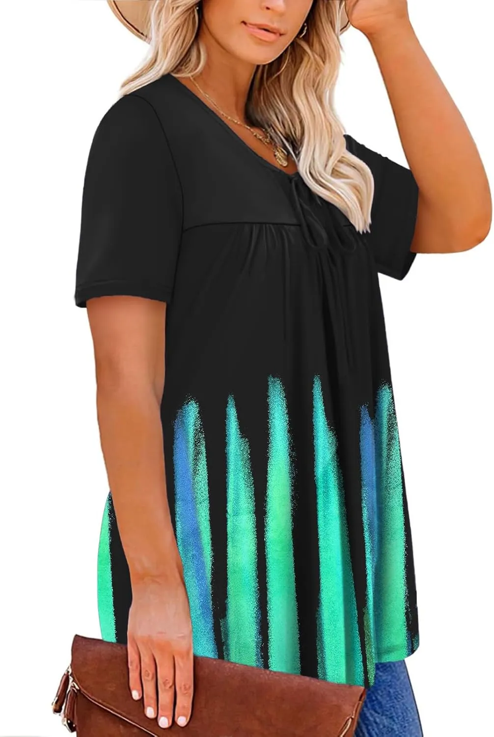 VISLILY Womens-Plus-Size-Summer-Tops Cute V Neck T Shirts Casual Short Sleeve Blouses Flowy Pleated Drawstring Tunics XL-5XL
