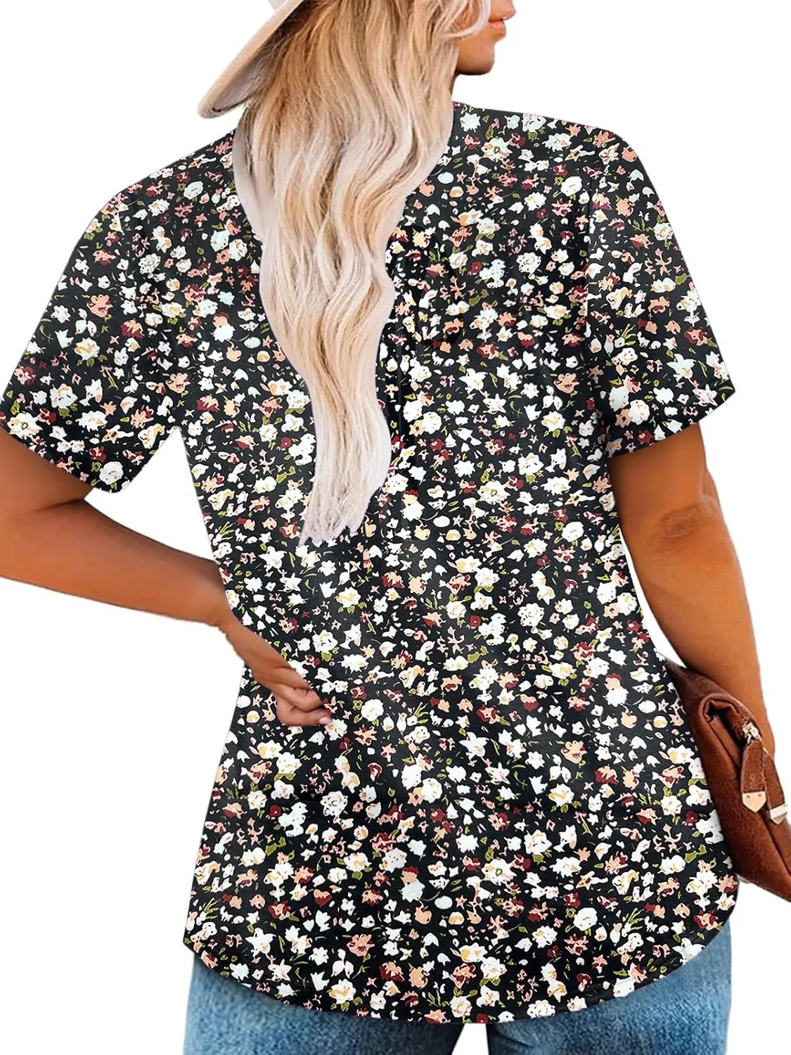 VISLILY Womens-Plus-Size-Summer-Tops Cute V Neck T Shirts Casual Short Sleeve Blouses Flowy Pleated Drawstring Tunics XL-5XL