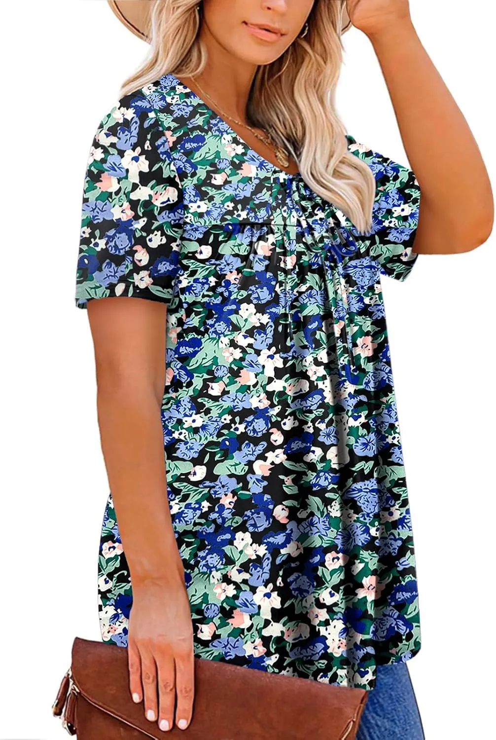 VISLILY Womens-Plus-Size-Summer-Tops Cute V Neck T Shirts Casual Short Sleeve Blouses Flowy Pleated Drawstring Tunics XL-5XL