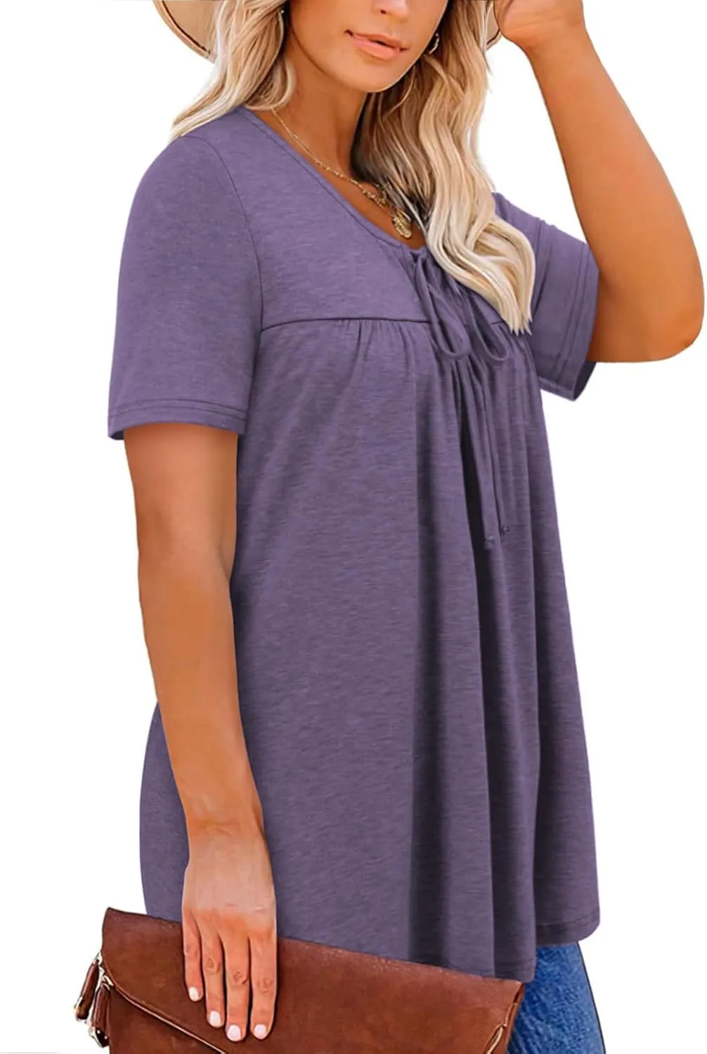 VISLILY Womens-Plus-Size-Summer-Tops Cute V Neck T Shirts Casual Short Sleeve Blouses Flowy Pleated Drawstring Tunics XL-5XL