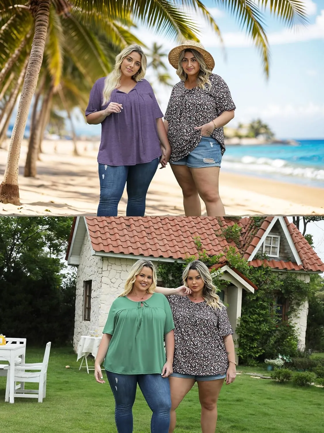 VISLILY Womens-Plus-Size-Summer-Tops Cute V Neck T Shirts Casual Short Sleeve Blouses Flowy Pleated Drawstring Tunics XL-5XL