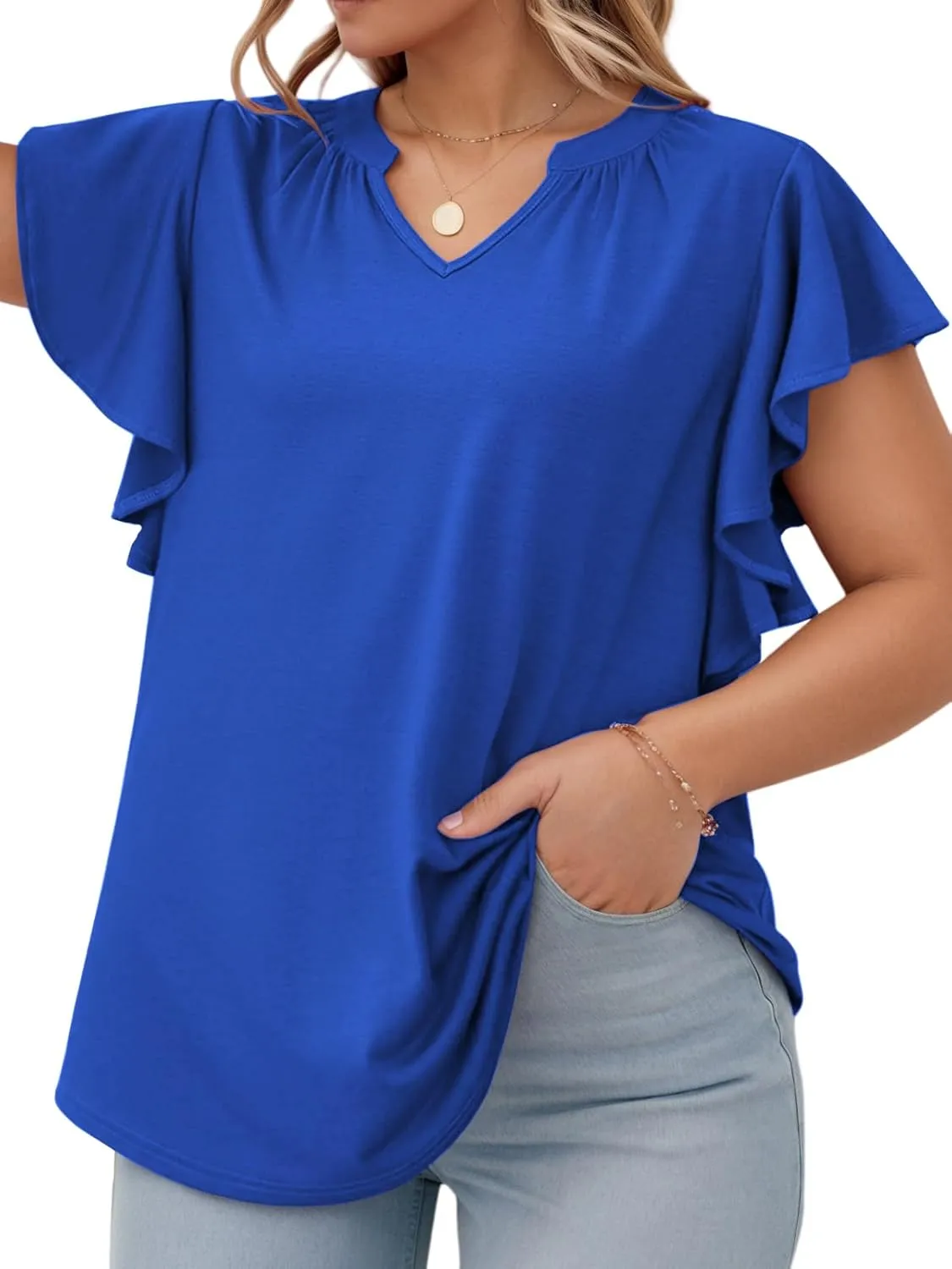 VISLILY Womens-Plus-Size-Summer-Tops Flowy Ruffle Short Sleeve T Shirts Cute Notched V Neck Tunics Casual Blouses Tee XL-5XL