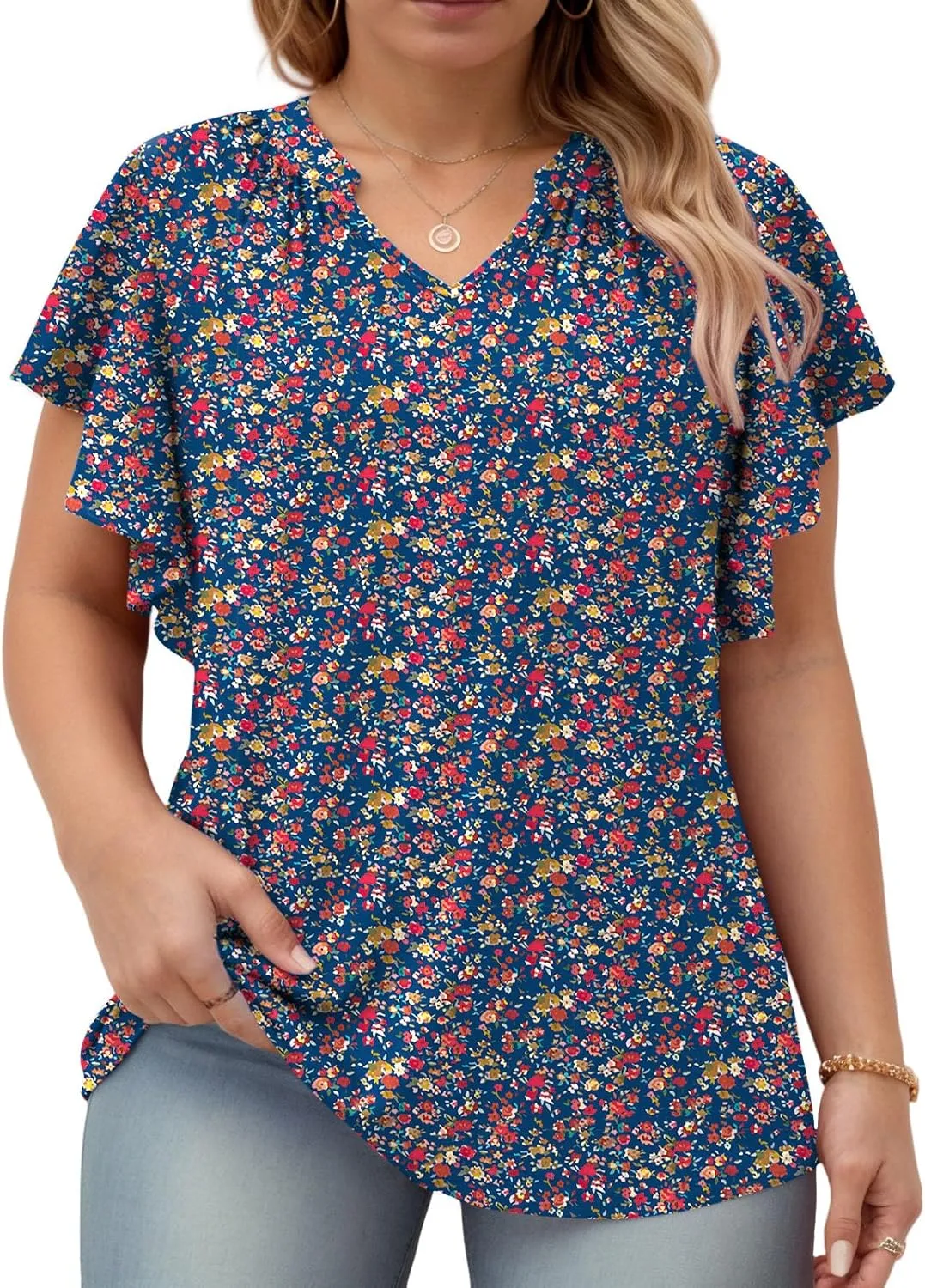 VISLILY Womens-Plus-Size-Summer-Tops Flowy Ruffle Short Sleeve T Shirts Cute Notched V Neck Tunics Casual Blouses Tee XL-5XL