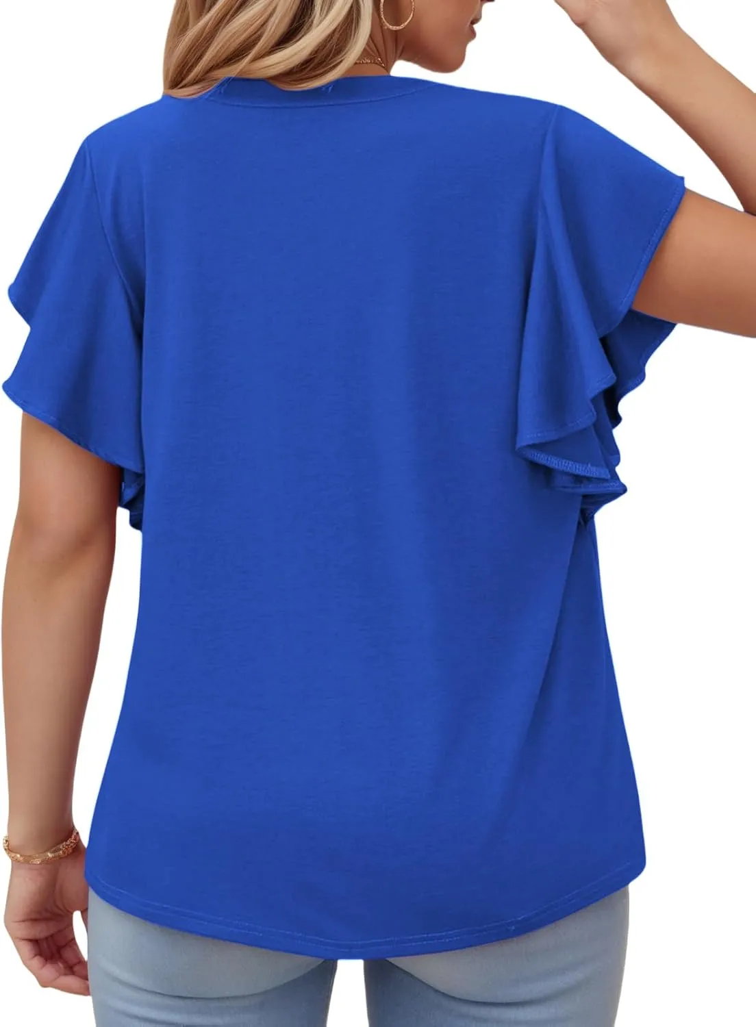 VISLILY Womens-Plus-Size-Summer-Tops Flowy Ruffle Short Sleeve T Shirts Cute Notched V Neck Tunics Casual Blouses Tee XL-5XL