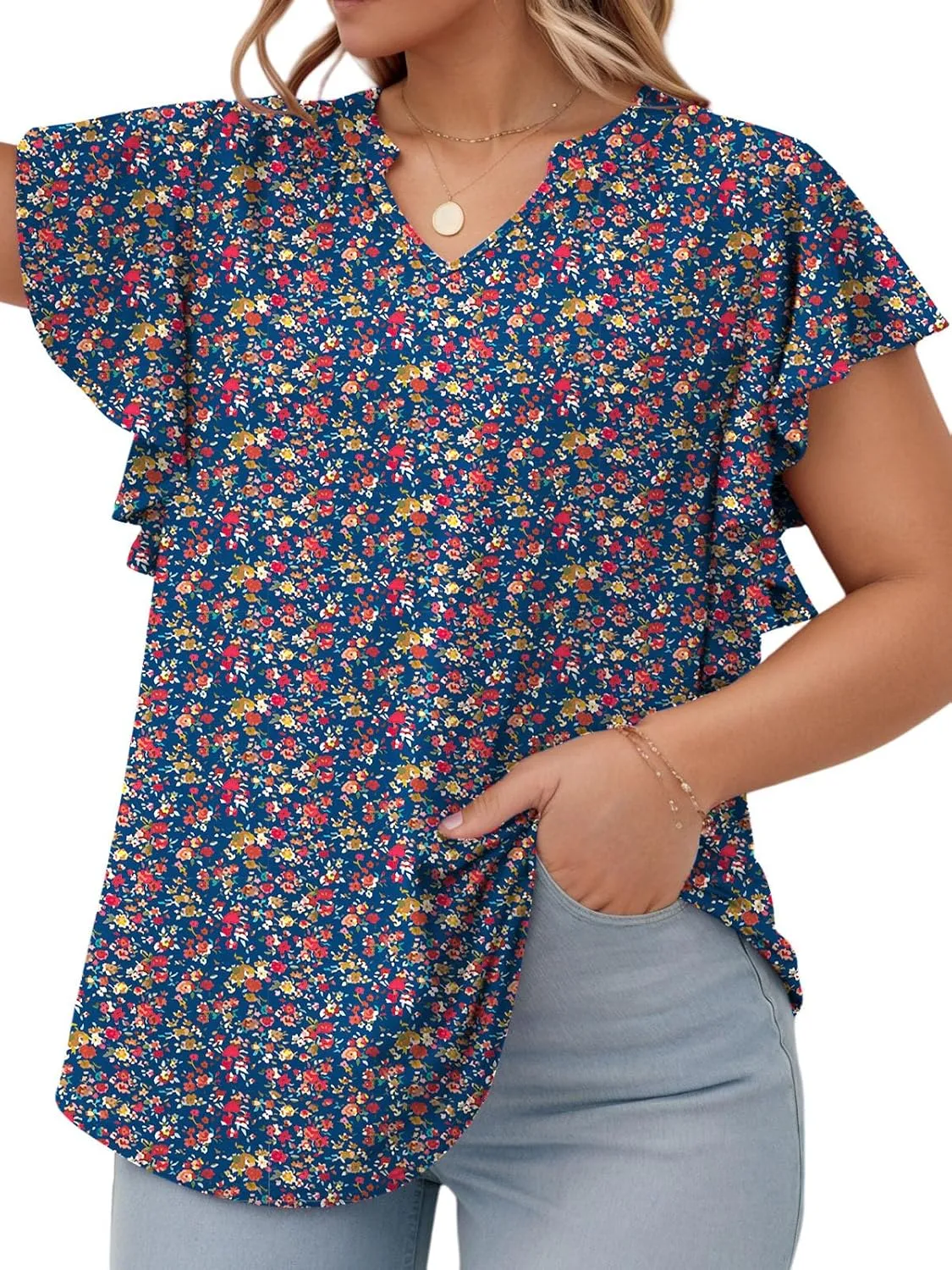 VISLILY Womens-Plus-Size-Summer-Tops Flowy Ruffle Short Sleeve T Shirts Cute Notched V Neck Tunics Casual Blouses Tee XL-5XL