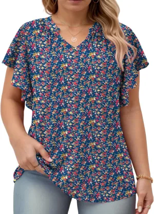 VISLILY Womens-Plus-Size-Summer-Tops Flowy Ruffle Short Sleeve T Shirts Cute Notched V Neck Tunics Casual Blouses Tee XL-5XL