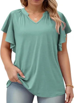 VISLILY Womens-Plus-Size-Summer-Tops Flowy Ruffle Short Sleeve T Shirts Cute Notched V Neck Tunics Casual Blouses Tee XL-5XL