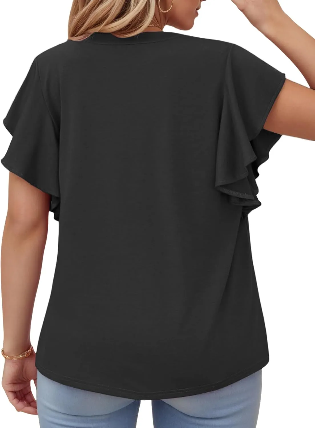 VISLILY Womens-Plus-Size-Summer-Tops Flowy Ruffle Short Sleeve T Shirts Cute Notched V Neck Tunics Casual Blouses Tee XL-5XL