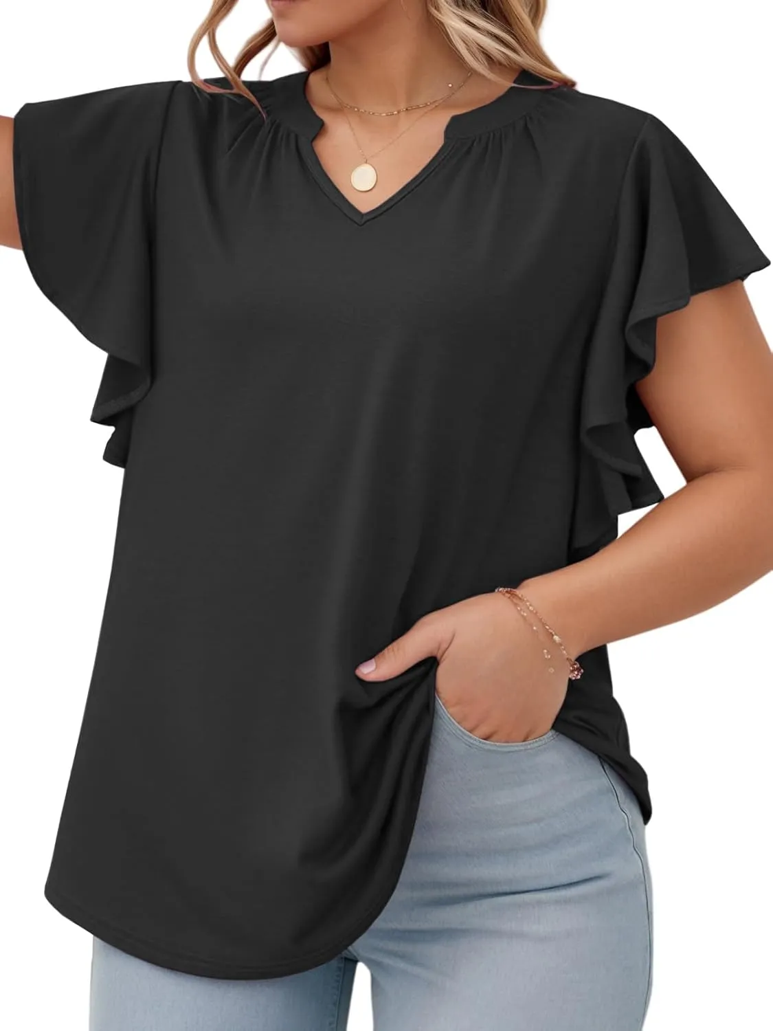 VISLILY Womens-Plus-Size-Summer-Tops Flowy Ruffle Short Sleeve T Shirts Cute Notched V Neck Tunics Casual Blouses Tee XL-5XL