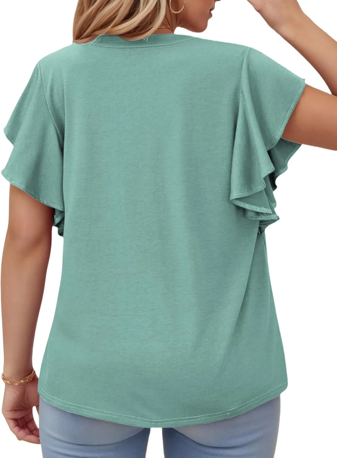 VISLILY Womens-Plus-Size-Summer-Tops Flowy Ruffle Short Sleeve T Shirts Cute Notched V Neck Tunics Casual Blouses Tee XL-5XL