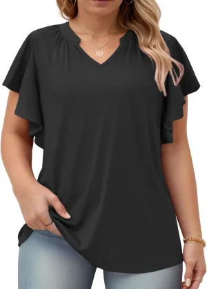 VISLILY Womens-Plus-Size-Summer-Tops Flowy Ruffle Short Sleeve T Shirts Cute Notched V Neck Tunics Casual Blouses Tee XL-5XL
